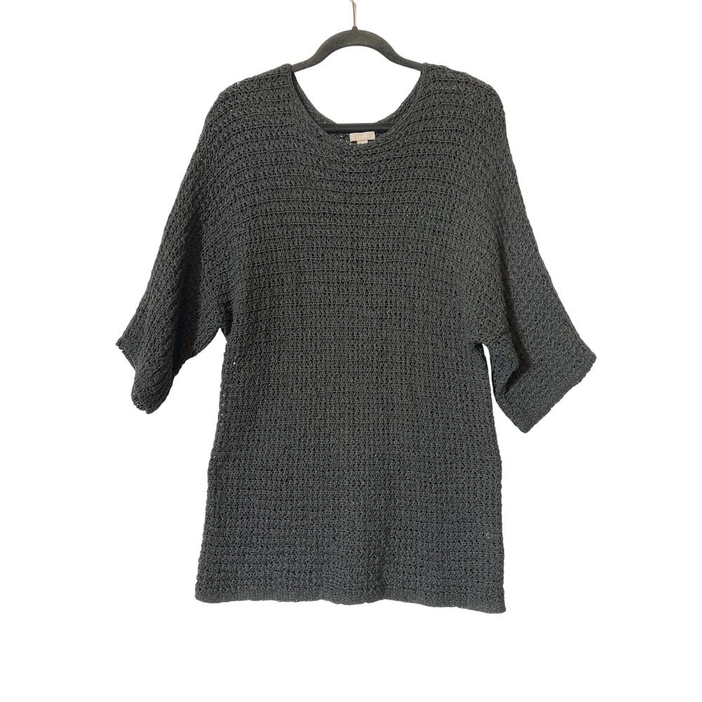 J. Jill Crochet Open Weave Knit Pullover Sweater Black 3/4 Dolman Sleeve Size L